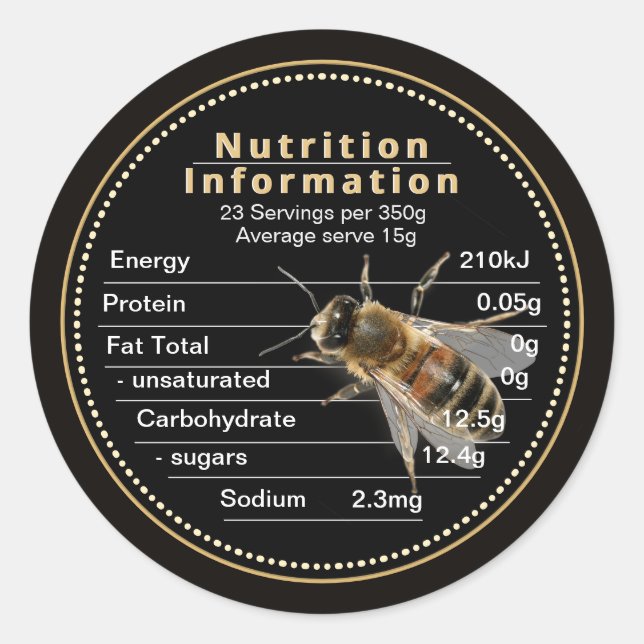 Adesivo Redondo Mini AU Mel Nutrition Information Bee 350g (Frente)