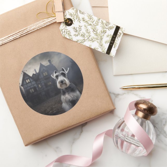 Adesivo Redondo Miniatura Schnauzer Halloween Scary (Presentear)