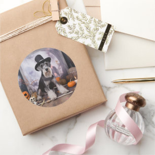 Adesivo Redondo Miniatura Schnauzer Pumpkins Halloween Assustado