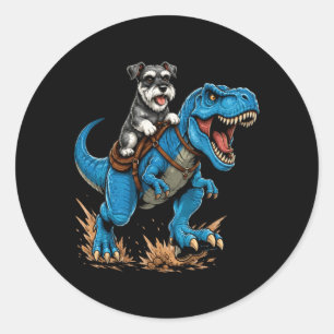 Adesivo Redondo Miniature Schnauzer Montando T Rex Dinossauro Engr