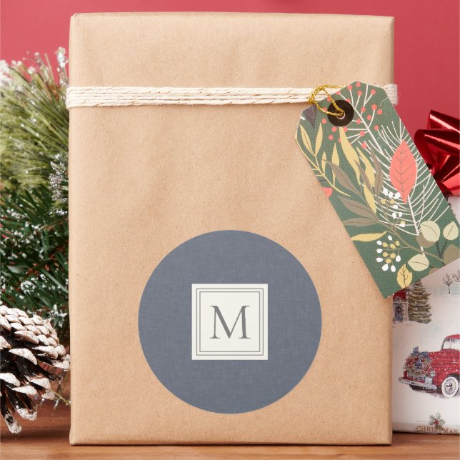 Adesivo Redondo Mínima Elegante Cinza azul Faux Linen Monograma (Feriado)