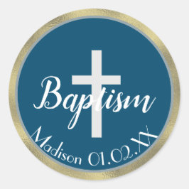 Adesivo Redondo Mínima Faux Dourado Baptism Cross Child Name