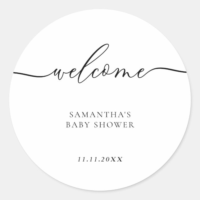 Adesivo Redondo Minimal Baby Shower Script Lettering Welcome (Frente)