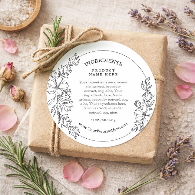 Adesivo Redondo Minimal Floral Black and White Ingredients Sticker (Minimal Floral Black and White Ingredients Sticker)