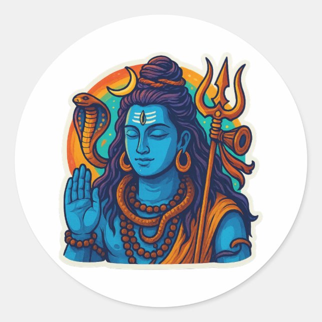Adesivo Redondo Minimal Lord Shiva Illustration – Trishul, Damru (Frente)