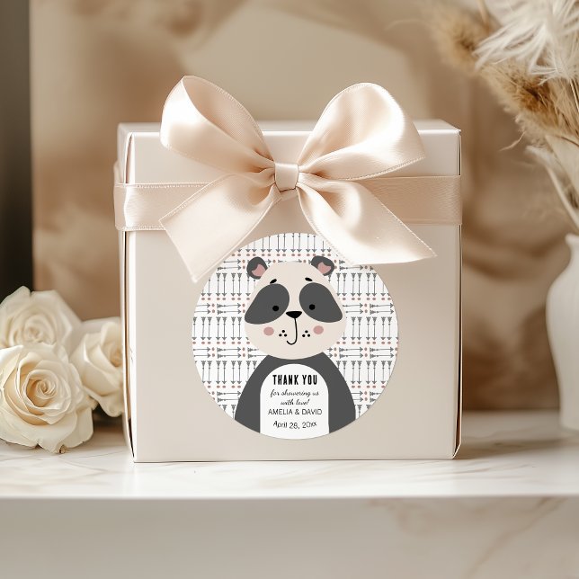 Adesivo Redondo Minimal Panda Arrow Neutral Baby Shower Thank You (Criador carregado)