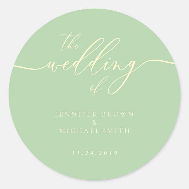 Adesivo Redondo Minimal Script Pistachio & Cream Wedding (Frente)