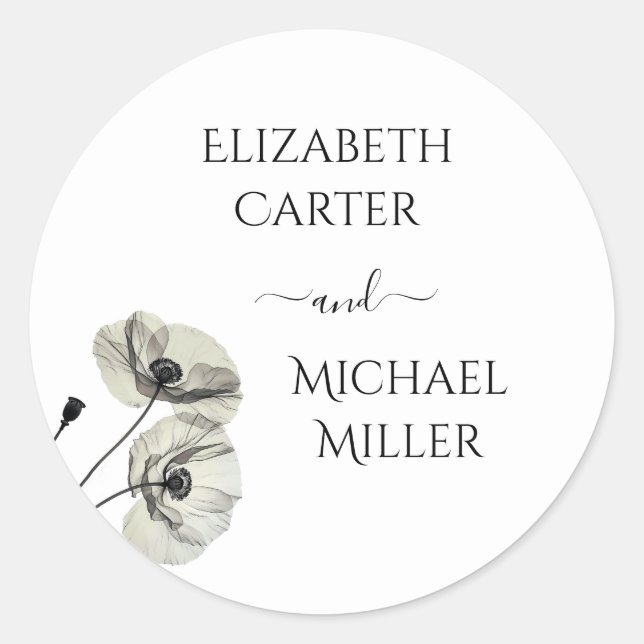 Adesivo Redondo Minimalismo Elegante Simples Poppies Pretos e Bran (Frente)