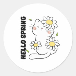 Adesivo Redondo Minimalist Aesthetic Hello Spring Cat & Daisy 