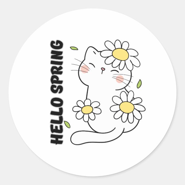 Adesivo Redondo Minimalist Aesthetic Hello Spring Cat & Daisy  (Frente)