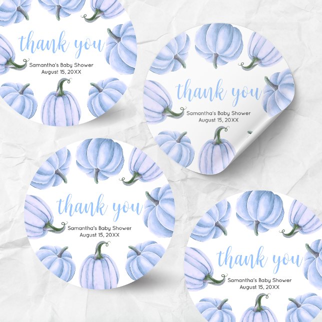 Adesivo Redondo Minimalist Blue Pumpkin Fall Baby Shower (Blue Pumpkin Baby Shower Round Sticker)
