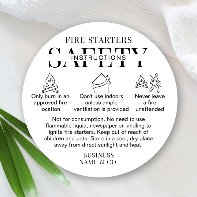 Adesivo Redondo Minimalist Fire Starters Warning Label Black White (Minimalist wax fire starters warning labels in black and white)