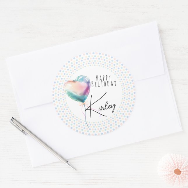 Adesivo Redondo Minimalist Heart Balloon Pastel Happy Birthday  (Envelope)