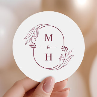 Adesivo Redondo Minimalist Monogram Elegant Burgundy Wedding Favor
