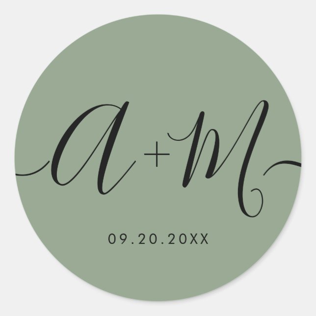 Adesivo Redondo Minimalist Monogram Script Custom green Wedding (Frente)