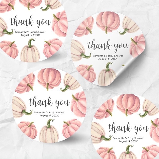 Adesivo Redondo Minimalist Pink Pumpkin Fall Baby Shower (Pink Pumpkin Baby Shower Round Sticker)