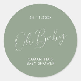 Adesivo Redondo Minimalist Script Sage Green Oh Baby Shower
