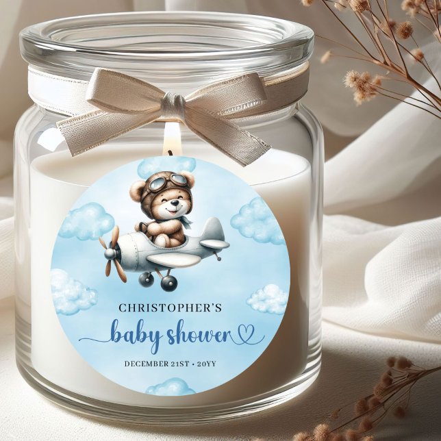 Adesivo Redondo Minimalist Teddy Bear Pilot Airplane Blue Brown  (Minimalist Teddy Bear Pilot Airplane Blue Brown Baby Shower Sticker

)