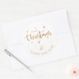 Adesivo Redondo Minimalista Natal Feliz e Ano Novo Feliz em Ouro