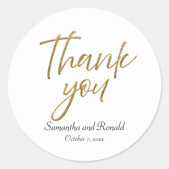 Adesivo Redondo Mínimo Branco e Dourado Obrigado Casamento (Frente)