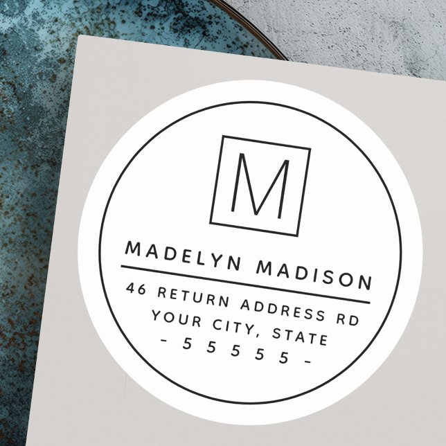 Adesivo Redondo Mínimo de endereço branco da borda do Monograma (Monogram thin border minimal white return address classic round sticker)