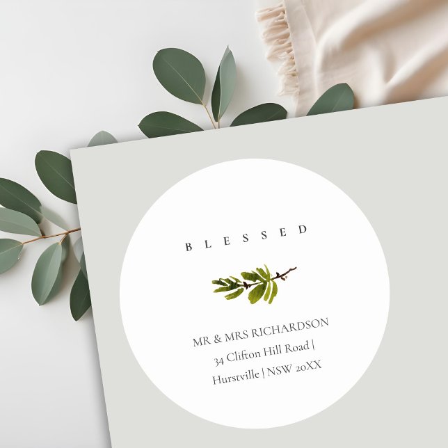 Adesivo Redondo Mínimo de Pine Branch Endereço de Natal Abençoado (Criador carregado)