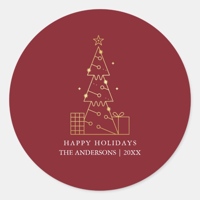 Adesivo Redondo Mínimo Dourado Árvore de Natal Vermelho Moderno (Frente)