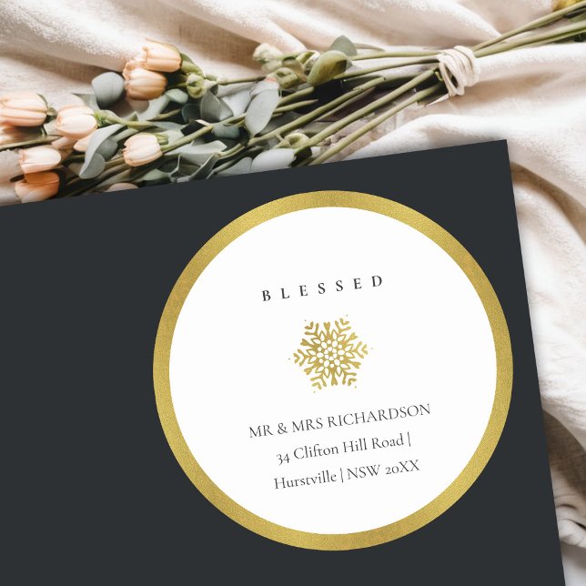 Adesivo Redondo Mínimo Dourado Floco de Neve Abençoado Endereço de (Criador carregado)