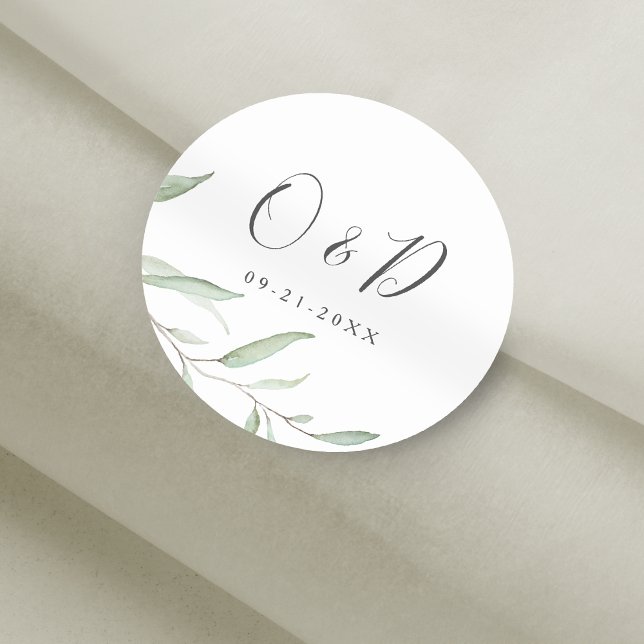 Adesivo Redondo Mínimo prêmio de casamento do monograma verde (Minimal greenery monogram wedding favor classic round sticker)