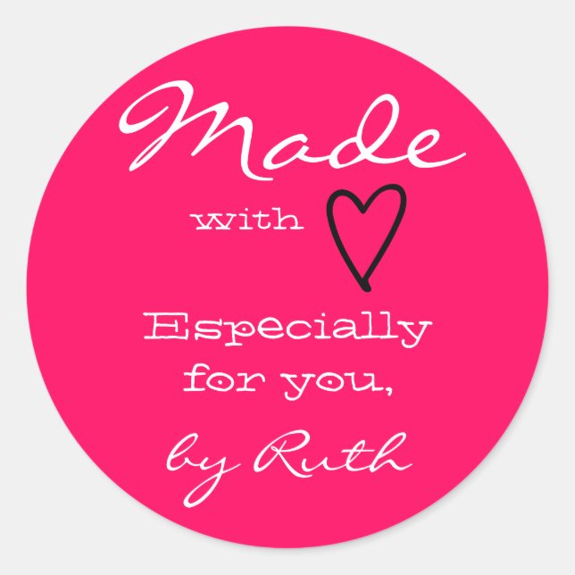 Adesivo Redondo Mínimo Simples Rosa Quente Feito com Coração de Am (Frente)