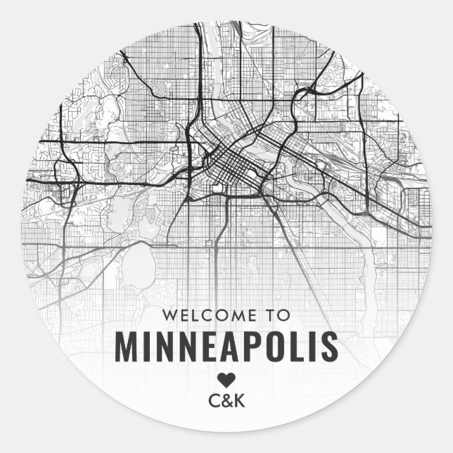 Adesivo Redondo Minneapolis, Mapa da Cidade de Minnesota | Boas-vi (Frente)