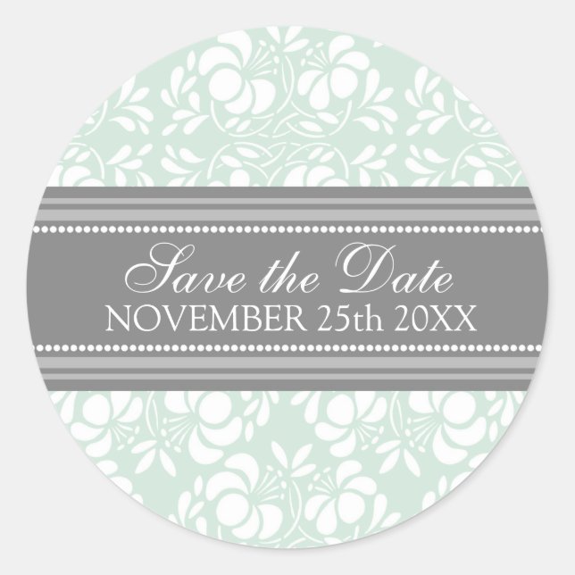 Adesivo Redondo Mint Damask Save the Date Envelope Seal (Frente)