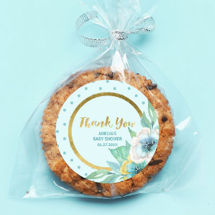 Adesivo Redondo Mint e Faux Dourado Chá de fraldas Floral Obrigad