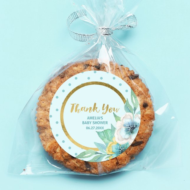 Adesivo Redondo Mint e Faux Dourado Chá de fraldas Floral Obrigado (Criador carregado)
