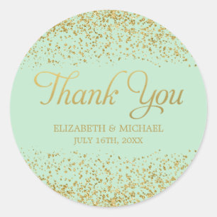 Adesivo Redondo Mint Faux Dourado Casamento Glitter Obrigado