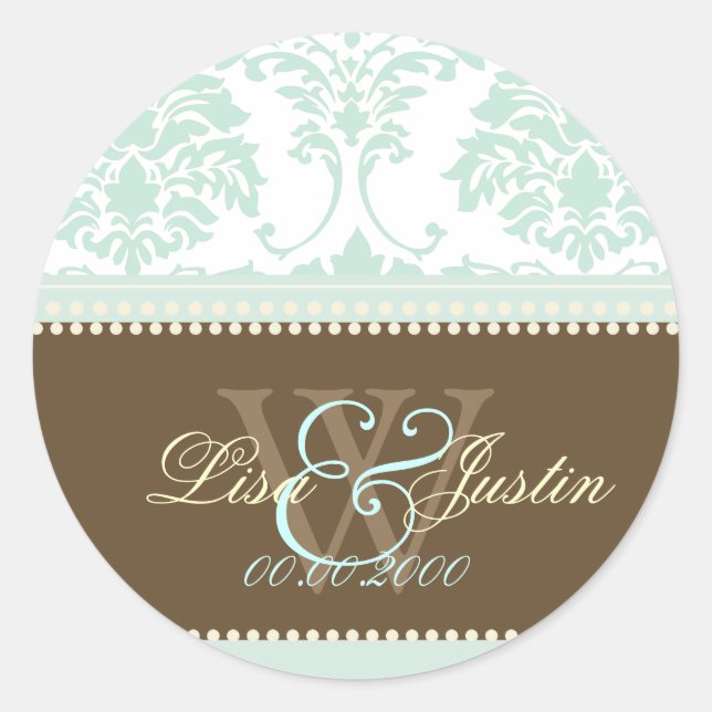 Adesivo Redondo Mint Green Damask monograma casamento/fontes DIY+c (Frente)