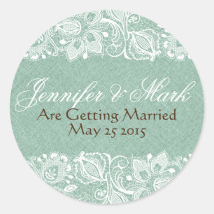 Adesivo Redondo Mint Green Faux Linen Burlap & White Floral Lace
