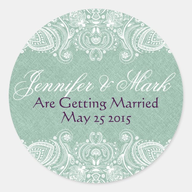 Adesivo Redondo Mint Green Faux Linen Burlap & White Paisley Lace (Frente)