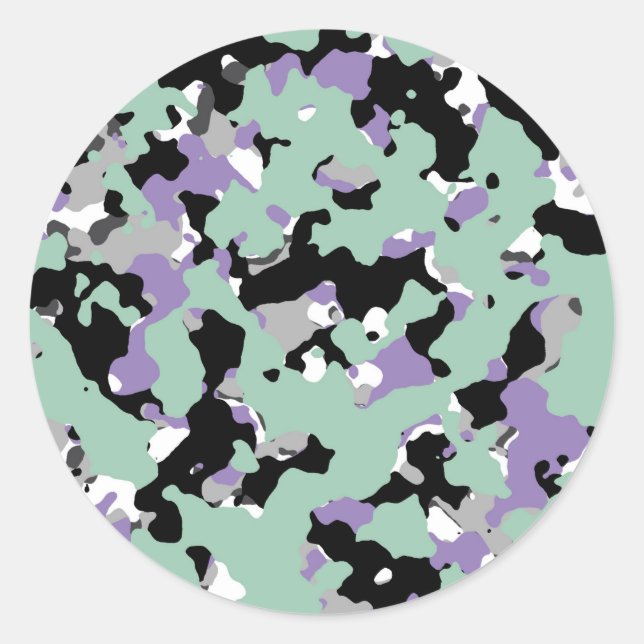 Adesivo Redondo Mint Green & Purple Camouflage Camo Party - Impres (Frente)