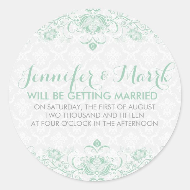 Adesivo Redondo Mint-Green & White Damask Save The Date Sticker (Frente)