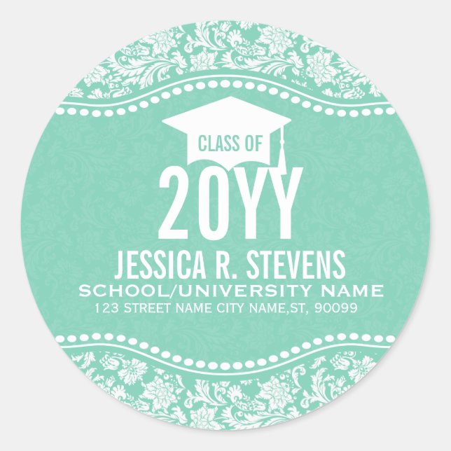 Adesivo Redondo Mint-Green & White Floral Damask Graduação Hat (Frente)