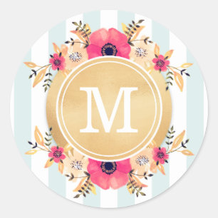 Adesivo Redondo Mint Stripes Aquarela Flores Falso Monograma Doura