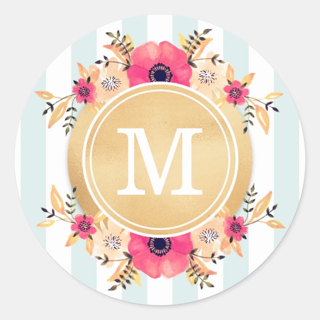 Adesivo Redondo Mint Stripes Aquarela Flores Falso Monograma Doura (Frente)