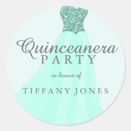 Adesivo Redondo Mint Teal Espalhando Glitter Gown Quinceanera Part