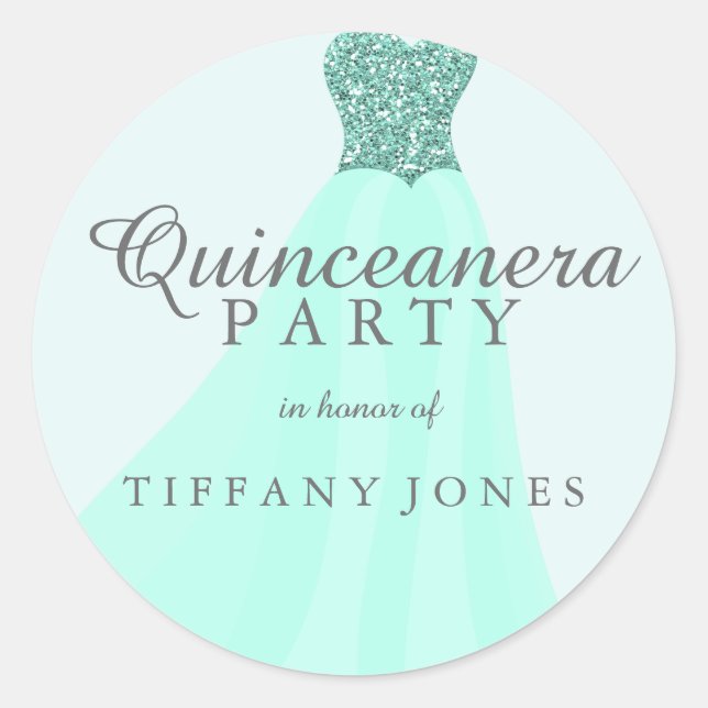 Adesivo Redondo Mint Teal Espalhando Glitter Gown Quinceanera Part (Frente)