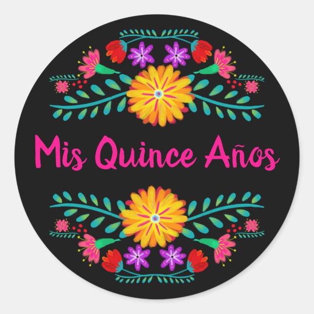 Adesivo Redondo Mis Quince Anos Black Pink Mexicano Fiesta Flowers (Frente)
