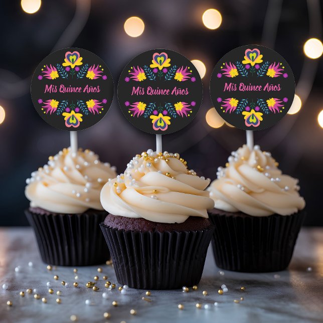 Adesivo Redondo Mis Quince Anos Black Pink Yellow Mexicano Fiesta (Stickers, envelope seals, cupcake toppers .. from my Mexican Fiesta Party Quinceanera Collection 
)