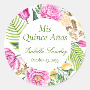 Adesivo Redondo Mis Quince Años Floral Peônias Limões Quinceañera