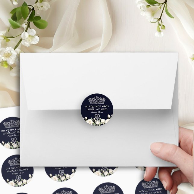 Adesivo Redondo Mis Quince Anos Tiara e Rosas Blue Quinceanera (Mis Quince Anos stickers  from the Princess Dress and Roses Quinceanera collection by Darling & May)