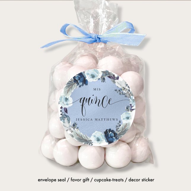 Adesivo Redondo Mis Quince, espanhol, Blue Floral Wreath (Criador carregado)